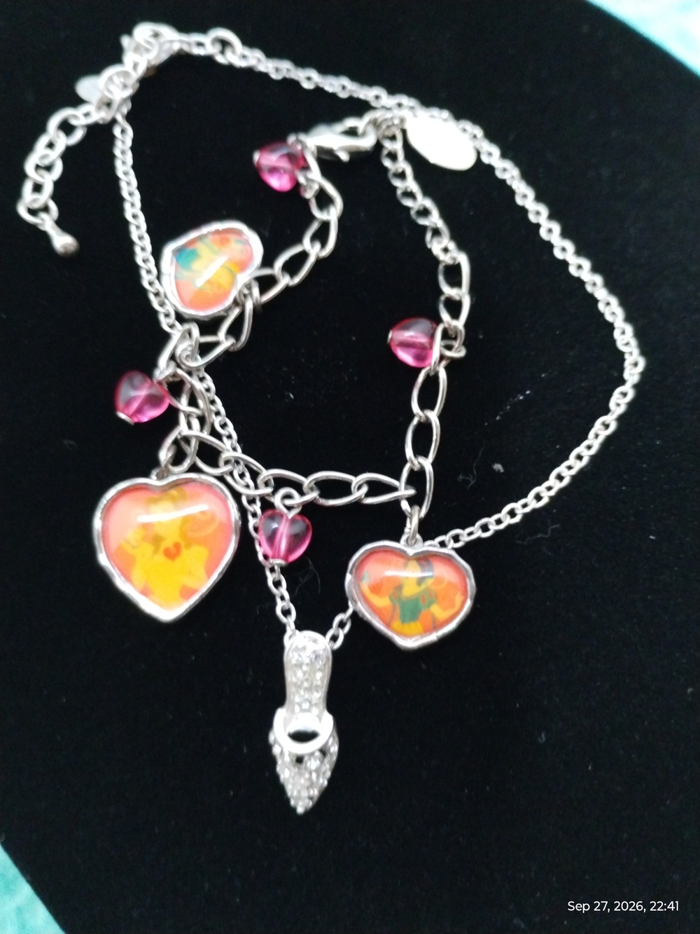 Vintage 1990's Silver Chain Bracelet with Heart Charms Feat Princess